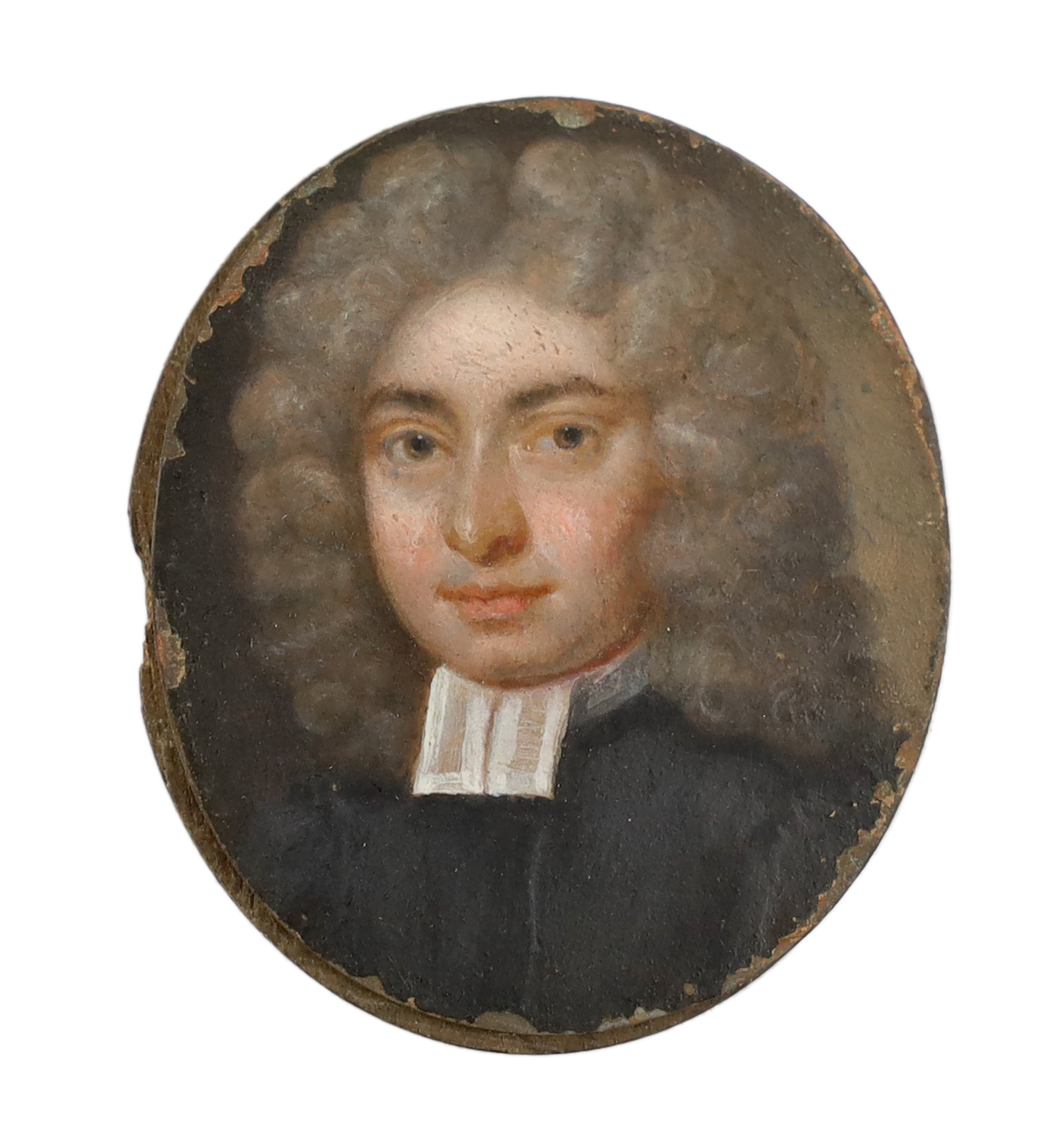 English School circa 1730, Portrait miniature of a clergyman, oil on copper, 3.8 x 3.3cm.